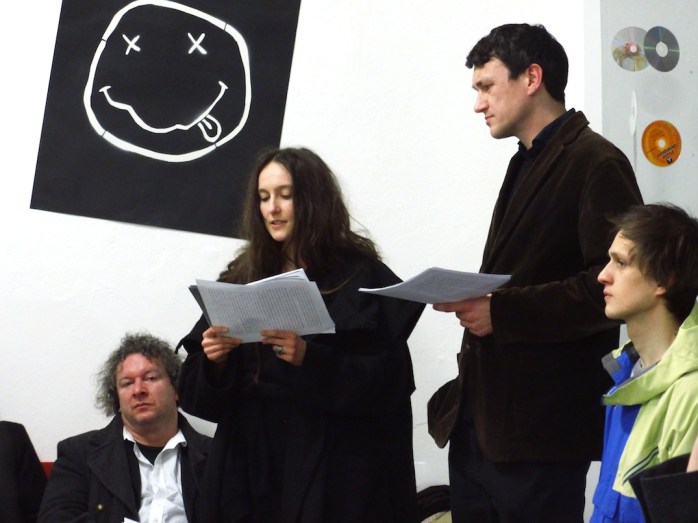 Dagmara Kraus und Nicolas Cavaillès in der Lyrikbuchhandlung, 15.3. (Auf der Bank Thomas Kunst)