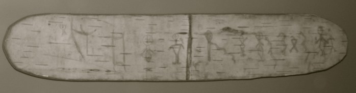 Solche Bilder auf Birkenrinde geritzt dienten den Ojibwaindianern zum Memorieren zeremonieller Gesänge. Aus: American Museum of Natural History, New York.