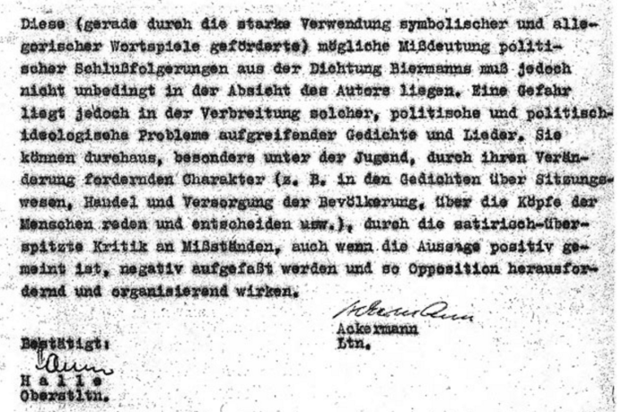 Abteilung Agitation: Kritische Einschätzung 72 Lieder, Gedichte und Balladen. Lyrik von Wolf Biermann, vom 23. Dezember 12964 Quelle: BStU, MfS, AOP, 11806/85, Bd. 5, Blatt 141
