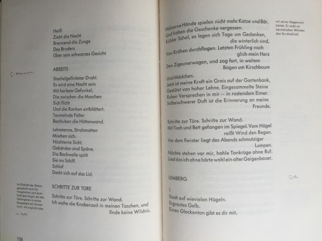 Das Gedicht "Schritte zur Tür" von Werner Lutz in der Anthologie "Transit" von 1956 mit Walter Höllerers Randbemerkung (und meiner Handschrift, die die Autornamen eintrug)