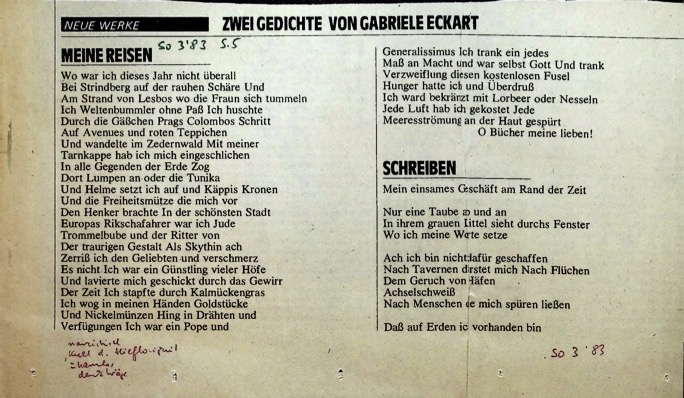Wo war ich dieses Jahr nicht überall
Bei Strindberg auf der rauhen Schäre Und
Am Strand von Lesbos wo die Fraun sich tummeln Ich Weltenbummler ohne Paß
