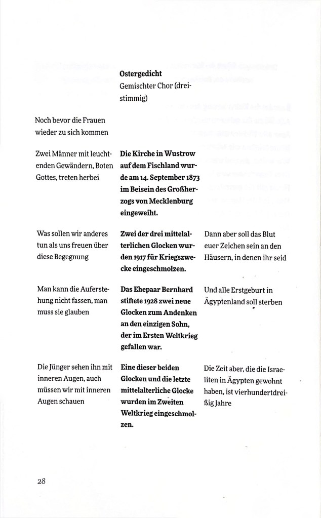 A page from a poetry book featuring a poem titled 'Ostergedicht' with text about church bells, historical events, and a mixed choir.