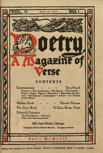 Cover of the April 1913 issue of Poetry magazine, featuring the title 'Poetry: A Magazine of Verse', with contents listing poems by various authors, including Ezra Pound.
