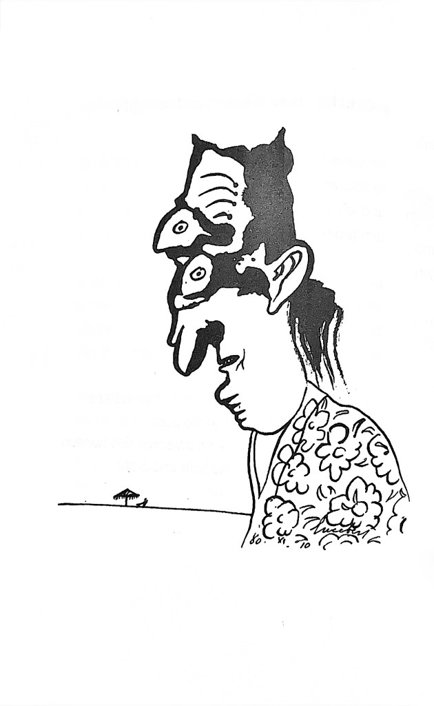 Schwarz-weiße Zeichnung einer Figur im Profil, die ein gemustertes Gewand trägt. Der Kopf besteht aus mehreren übereinander verschobenen Gesichtern mit übergroßen Augen und Nasen, wodurch ein surrealer, maskenartiger Eindruck entsteht. Im Hintergrund ist ein Sonnenschirm zu sehen.